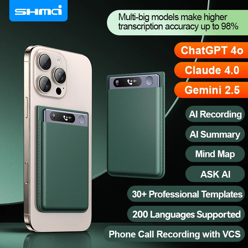 AI Voice Recorder w/Case blue tooth WIFI App Control Transcribe & Summarize 200 Languages Audio Recorder for phone Call