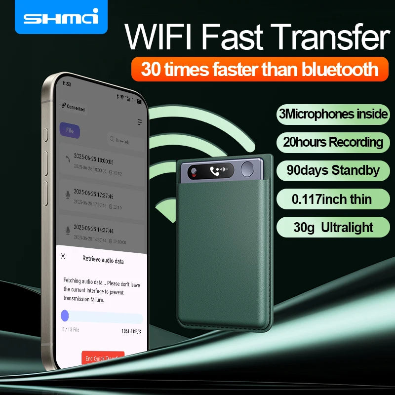 AI Voice Recorder w/Case blue tooth WIFI App Control Transcribe & Summarize 200 Languages Audio Recorder for phone Call